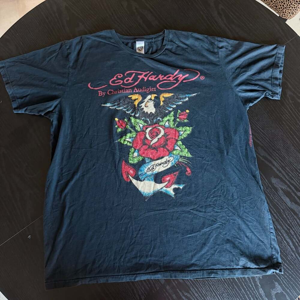 Ed Hardy Graphic T-Shirt Size XXL Black Rhinestone Eagle Rose Anchor